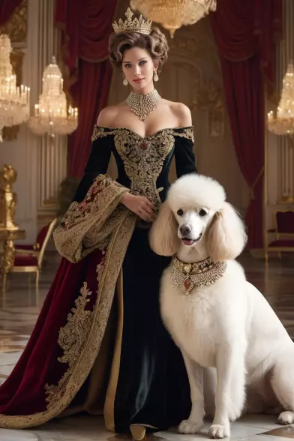 weißer Großpudel mit einer Prinzessin im Schloss