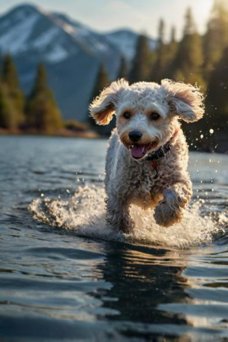 weißer Pudel läuft voller Freude in einem See