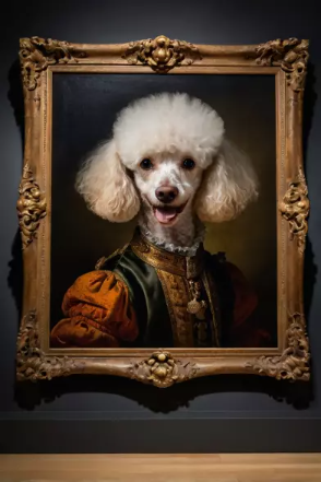barocker Bilderrahmen mit einem weißen Pudel in barocker Tracht
