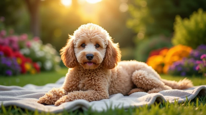 älterer Pudel liegt im Garten auf einer Decke