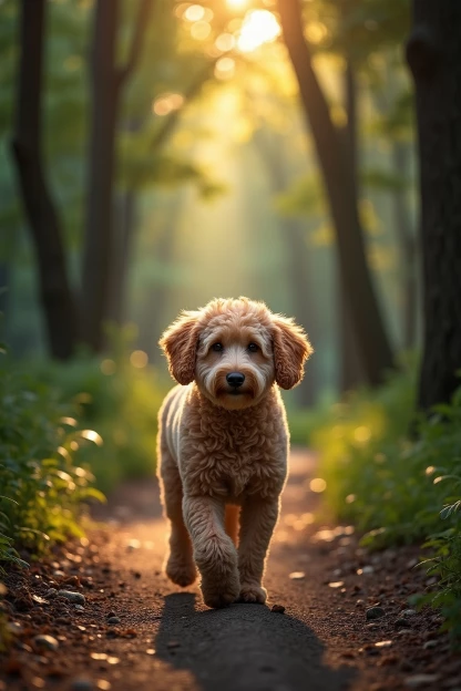 Senior-Pudel beim gemütlichen Spazieren im Wald