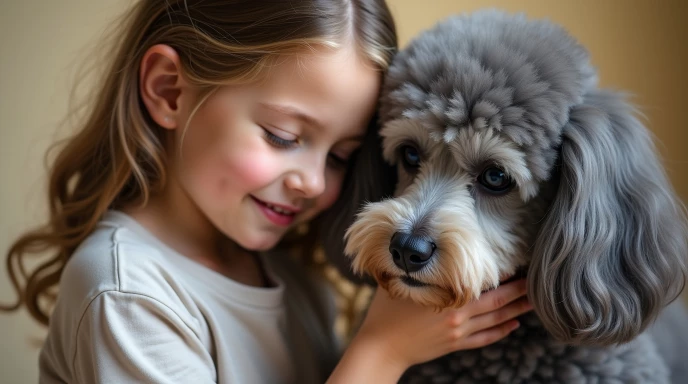 alter Pudel bekommt Liebe von einem jungen Mädchen
