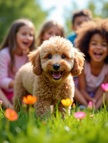 ein Pudelwelpe schaut in die Kamera, dahinter 4 Kinder