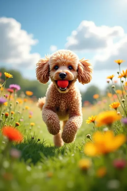 lustiger Pudel läuft mit einem Ball im Mund