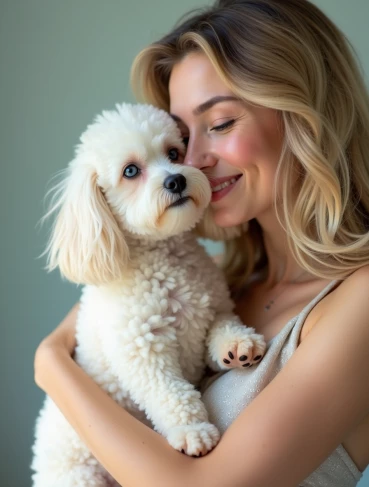 Frau schmust mit Pudelwelpen auf dem Arm