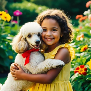 ein Mädchen umarmt im Garten ihren weißen Pudel