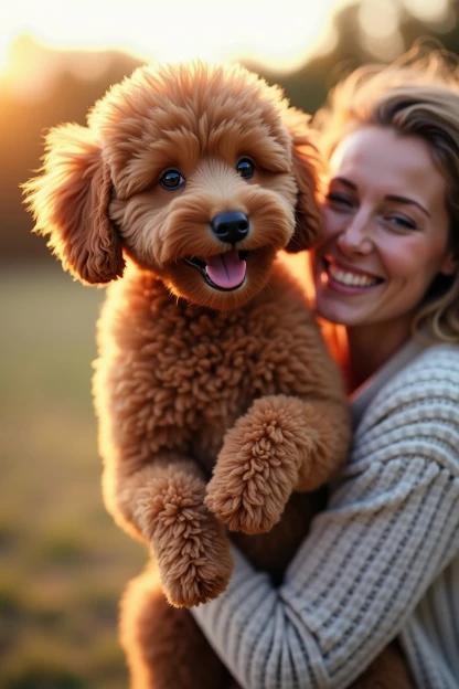 Frau trägt ihren Kleinpudelwelpen am Arm