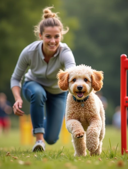 Frau läuft mit Pudel