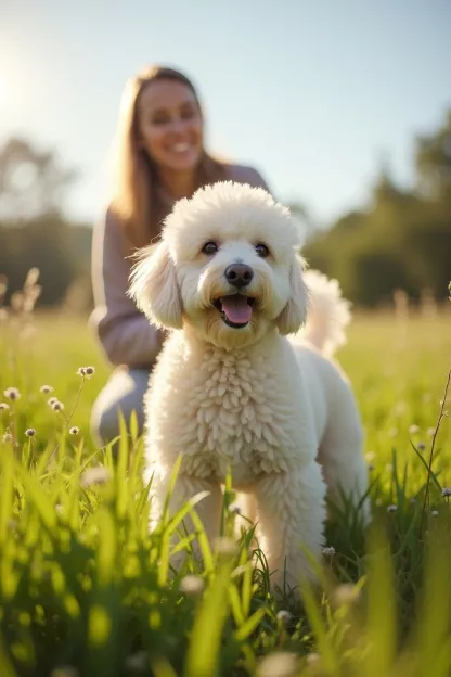 braver Pudel ohne Leine mit Frau auf einer Wiese