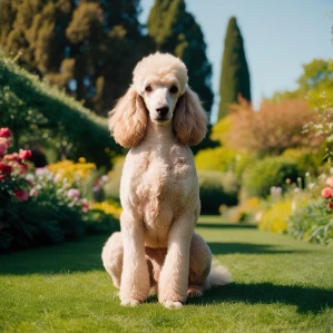 Ein Großpudel in apricot sitzt im Garten