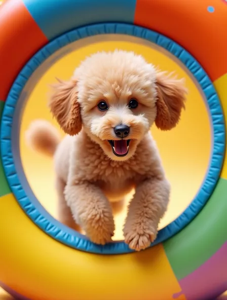 Pudelwelpe krabbelt aus Agility-Tunnel