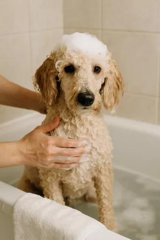Pudel beim Baden in der Badewanne