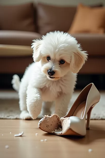 Pudelwelpe knabbert an einem Schuh