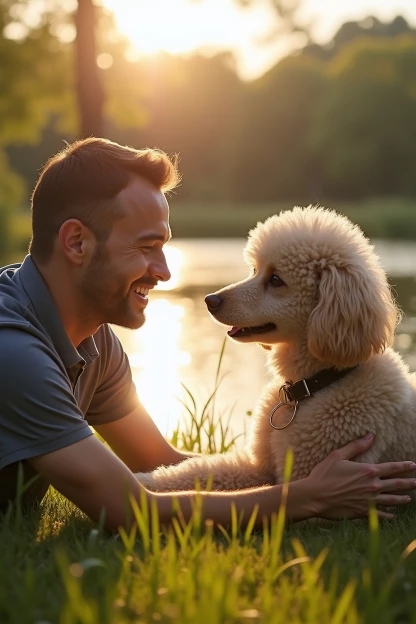 intensive Bindung eines Pudels mit seinem Herrchen am See