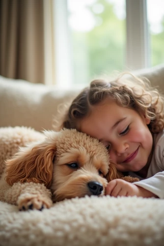 Mädchen liegt mit Pudel auf dem Sofa