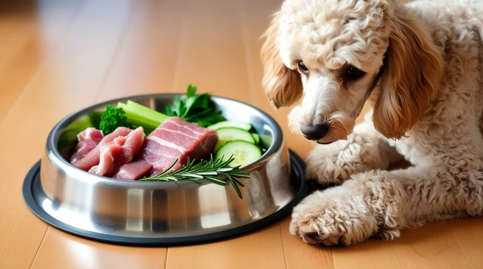 Pudel mit vollem Napf