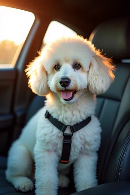Pudel im Auto mit Sicherheitsgurt geschützt