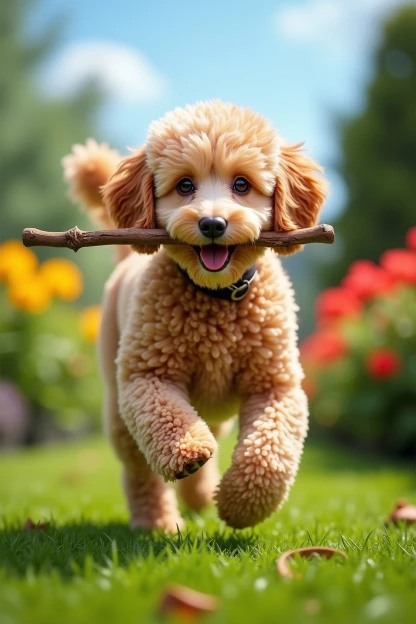 aprikot-farbener Zwergpudel mit Stöckchen im Mund