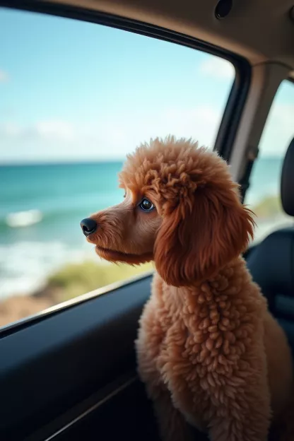 Pudel auf Reisen - er sieht aus dem Auto auf das Meer