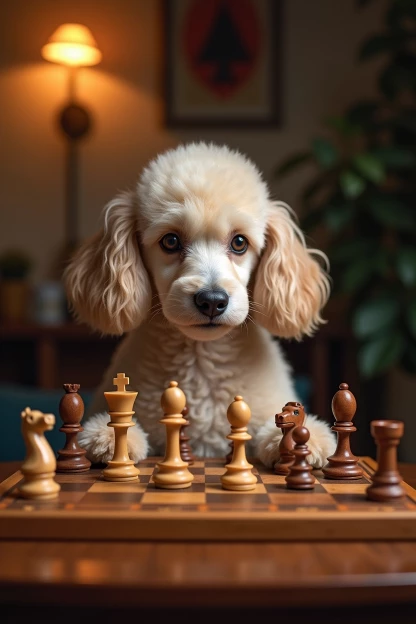 Pudel beim Schachspielen - er liebt Kopfarbeit