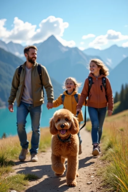 Pudel mit seiner Familie auf Wanderung in den Tiroler Alpen