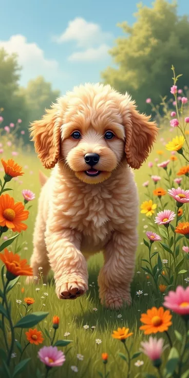 Welpe spaziert gelenkschonend auf einer ebenen Wiese.