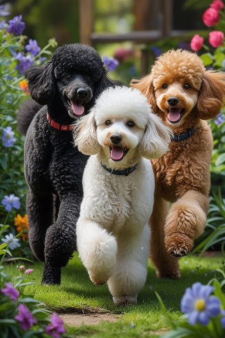 3 Pudel in Schwarz, Aprikot und Weiß laufen im Garten voller Freude auf uns zu
