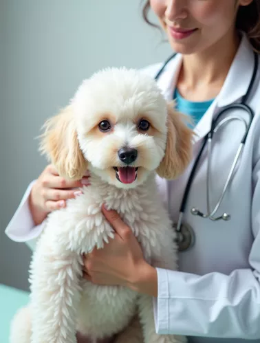 kleiner Pudel wird von der Tierärztin kontrolliert