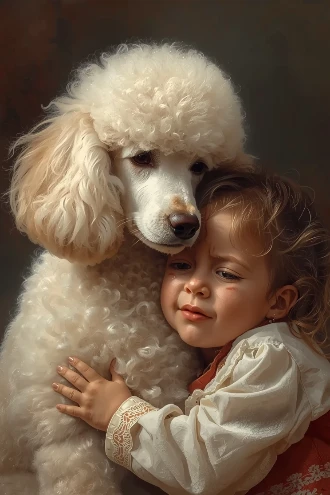 kleines Mädchen umarmt weißen Großpudel