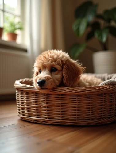 müder Pudel ruht sich im Körbchen aus