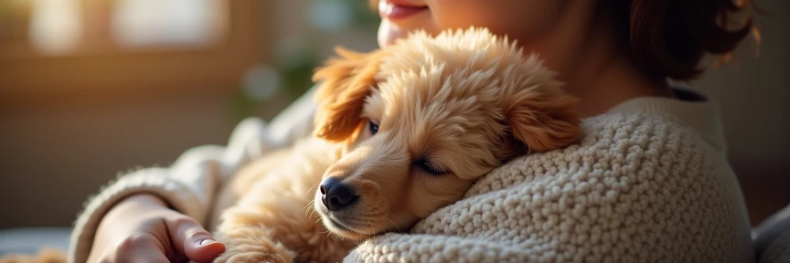 Pudel liegt im Arm einer Frau und fühlt sich geborgen.