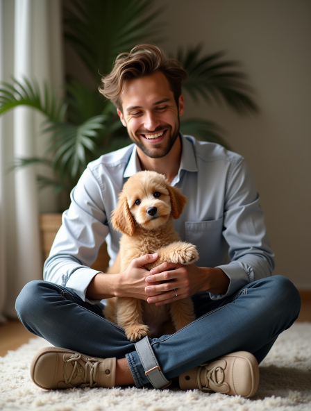 Mann  im Schneidersitz am Boden und Pudel im Arm